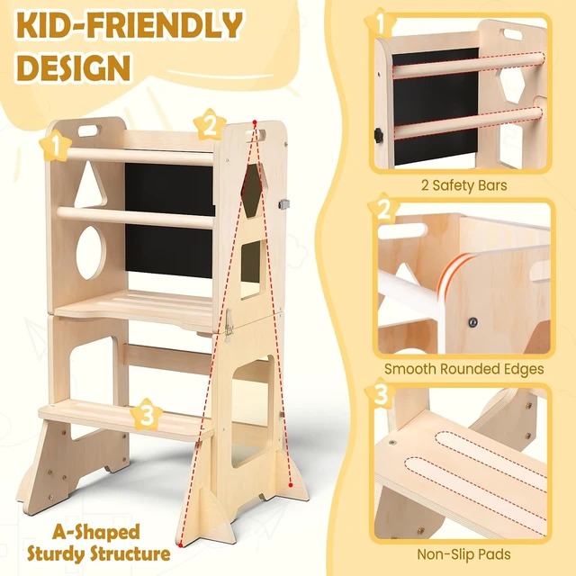 Alt view image 2 of 6 - Toddler Standing Tower Anti-Tip Wooden Kitchen Step StoolNature