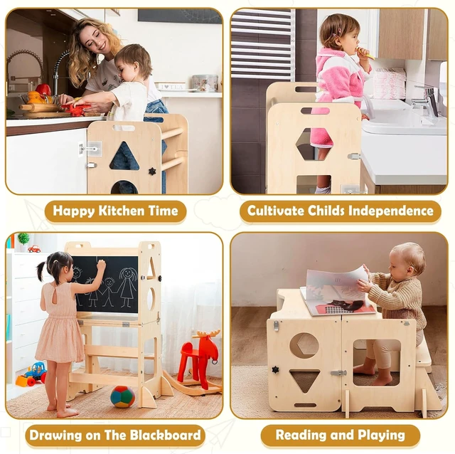 Alt view image 4 of 6 - Toddler Standing Tower Anti-Tip Wooden Kitchen Step StoolNature