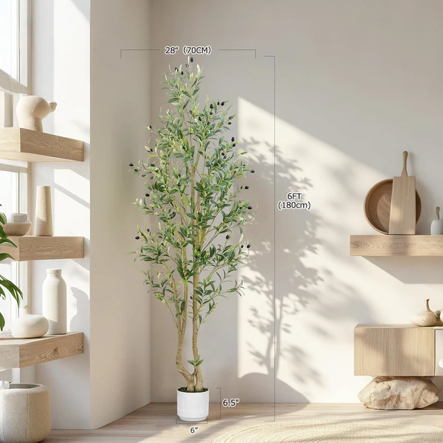 Alt view image 2 of 6 - 6ft Artificial Olive Tree Indoor, Fake Olive Tree with White Pot, Faux Olive Tree with Dense Leaves & Realistic Fruits, Tall Artificial Plant for Home Living Room Office Entryway Decor