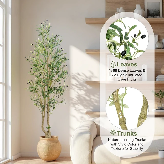 Alt view image 4 of 6 - 6ft Artificial Olive Tree Indoor, Fake Olive Tree with White Pot, Faux Olive Tree with Dense Leaves & Realistic Fruits, Tall Artificial Plant for Home Living Room Office Entryway Decor