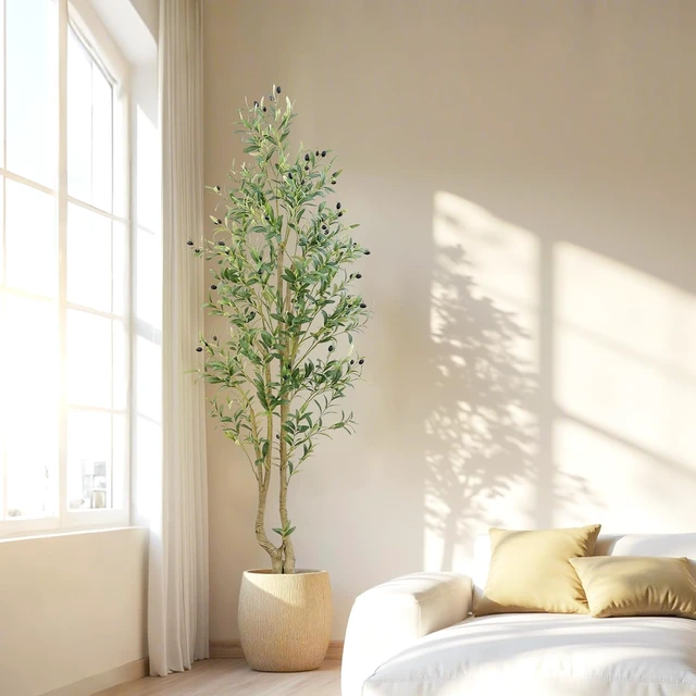 Alt view image 5 of 6 - 6ft Artificial Olive Tree Indoor, Fake Olive Tree with White Pot, Faux Olive Tree with Dense Leaves & Realistic Fruits, Tall Artificial Plant for Home Living Room Office Entryway Decor