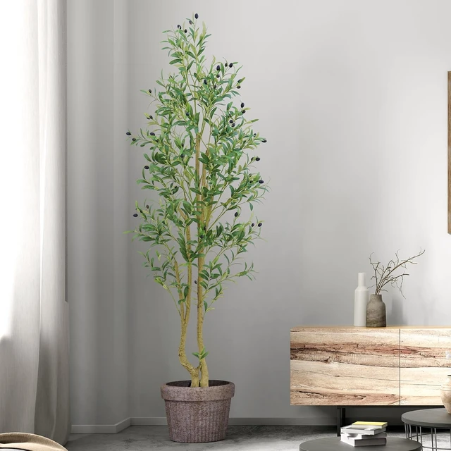 Alt view image 6 of 6 - 6ft Artificial Olive Tree Indoor, Fake Olive Tree with White Pot, Faux Olive Tree with Dense Leaves & Realistic Fruits, Tall Artificial Plant for Home Living Room Office Entryway Decor