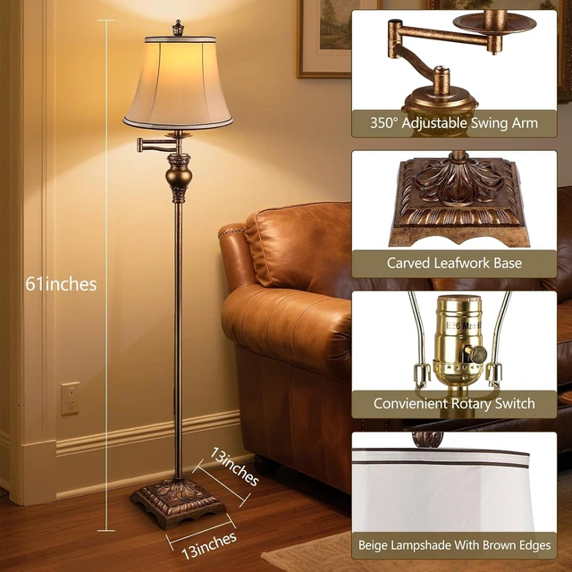 Alt view image 2 of 7 - Vintage Floor Lamps for Living Room,Traditional 350° Adjustable Swing Arm Farmhouse Floor Lamp for Bedroom, Rustic Standing Lamp Pole Lamps for Reading, Home Décor and Office,Bronze Gold