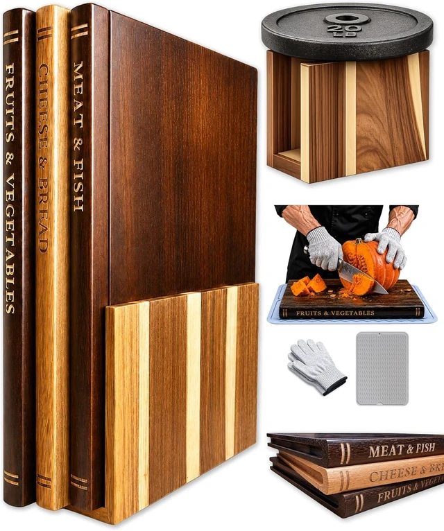 Main image of Book Cutting Board Set, Kitchen Cutting Boards, 3 Labeled Boards with Stand