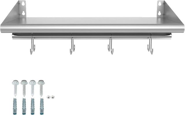 Main image of 12" x 24" Stainless Steel Wall Mounted Shelf with 4 Hooks