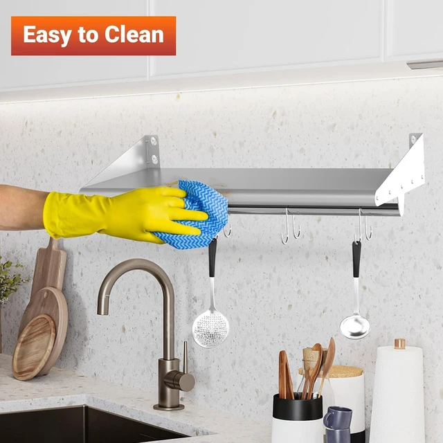 Alt view image 5 of 7 - 12" x 24" Stainless Steel Wall Mounted Shelf with 4 Hooks