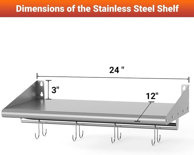 Alt view image 3 of 7 - 12" x 24" Stainless Steel Wall Mounted Shelf with 4 Hooks