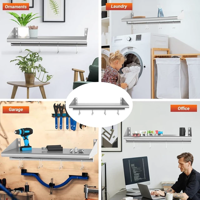 Alt view image 6 of 7 - 12" x 24" Stainless Steel Wall Mounted Shelf with 4 Hooks