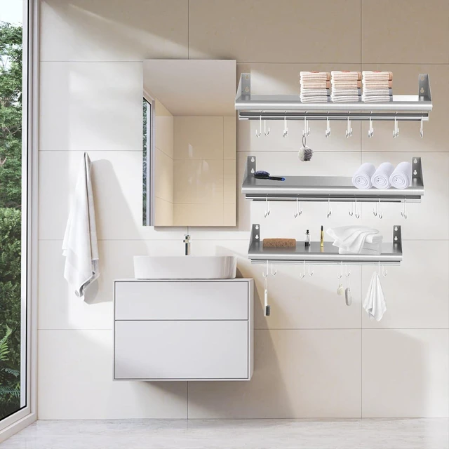 Alt view image 7 of 7 - 12" x 24" Stainless Steel Wall Mounted Shelf with 4 Hooks