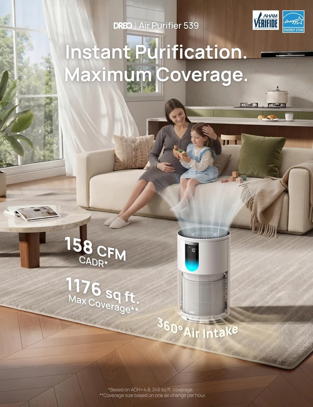 Alt view image 3 of 7 - Air Purifier for Home, Up to 1176 ft², HEPA Sleep Mode, Air Purifiers for Large Room & Bedroom, Pets, Smoke, Dust, Pollen & Odors, PM2.5 Monitor, Auto & Turbo Mode, 4 Speeds, DR-HAP009 ( 539)