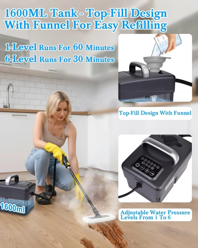 Alt view image 5 of 7 - Steam Cleaner for Home - 1600ML Water Tank 15s Heat-Up Portable Steamer for Cleaning, 6 Level Adjustable, 2500W, 45PSI, 250°F Steam, Handheld Steam Cleaner for Car Detailing, Grease, Tile,Grout