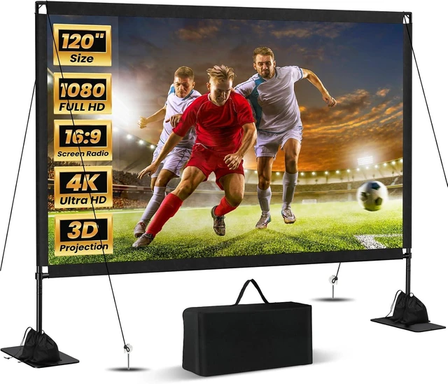 Main image of 120inch Projector Screen with Stand: Portable Projector Screen Outdoor Indoor Front/Rear16:9 4K HD with Carry Bag Sandbag- Movie Screen for Backyard Moive Night, Camping, Theater