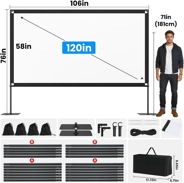 Alt view image 5 of 7 - 120inch Projector Screen with Stand: Portable Projector Screen Outdoor Indoor Front/Rear16:9 4K HD with Carry Bag Sandbag- Movie Screen for Backyard Moive Night, Camping, Theater