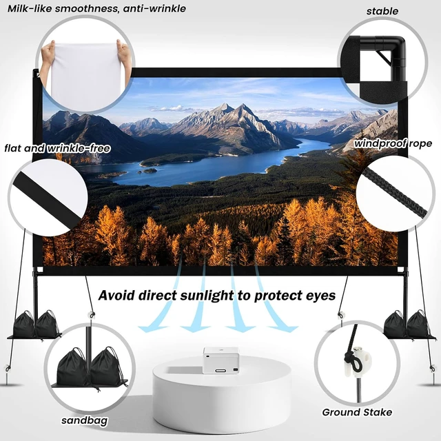 Alt view image 7 of 7 - 120inch Projector Screen with Stand: Portable Projector Screen Outdoor Indoor Front/Rear16:9 4K HD with Carry Bag Sandbag- Movie Screen for Backyard Moive Night, Camping, Theater