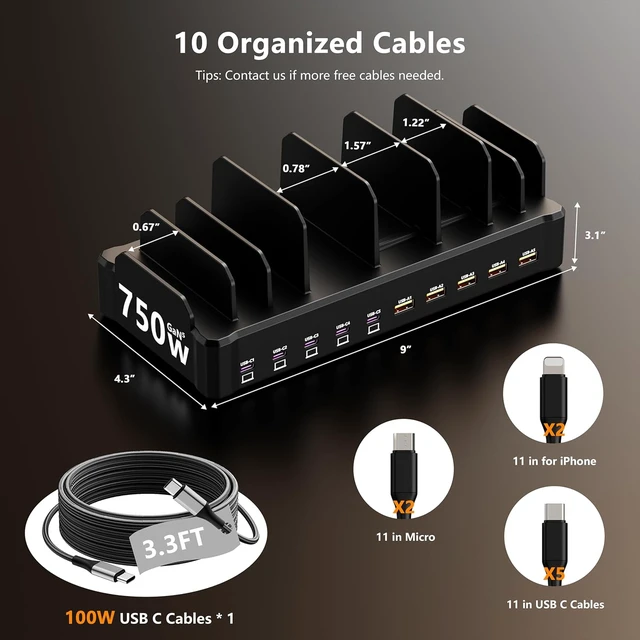 Alt view image 6 of 7 - 750W Charging Station for Multiple Devices, 10-Port Fast Charger