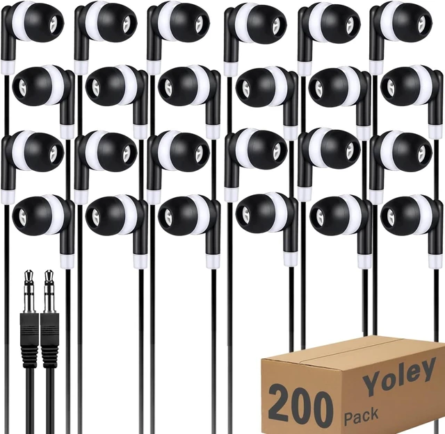 Main image of 200 Packs Classroom Earbuds Bulk Headphones for Kids School Students Children, Class Set Durable Earphones, Individually Bagged (200 Black)