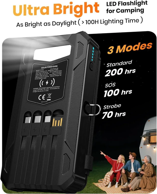 Alt view image 7 of 7 - Solar Power Bank 48000mAh Built in 4 Cables, Wireless Portable Charger