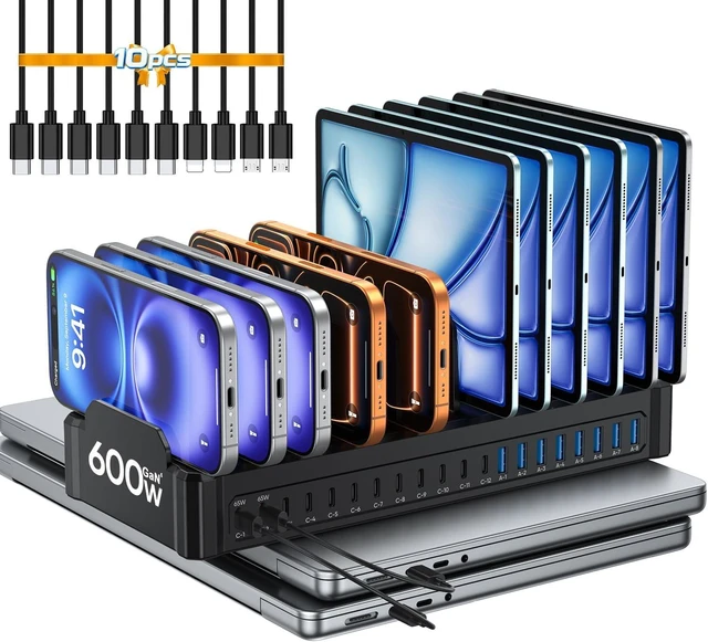 Main image of 20-Port 600W Charging Station for Multiple Devices with 10 Cables