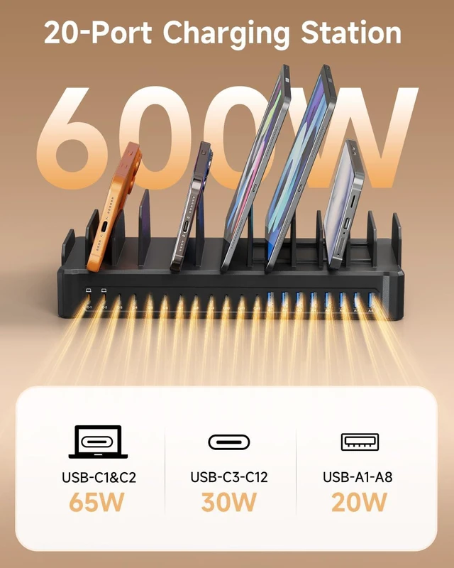 Alt view image 3 of 6 - 20-Port 600W Charging Station for Multiple Devices with 10 Cables