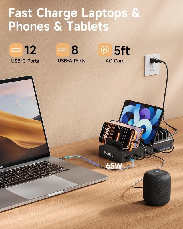Alt view image 2 of 6 - 20-Port 600W Charging Station for Multiple Devices with 10 Cables