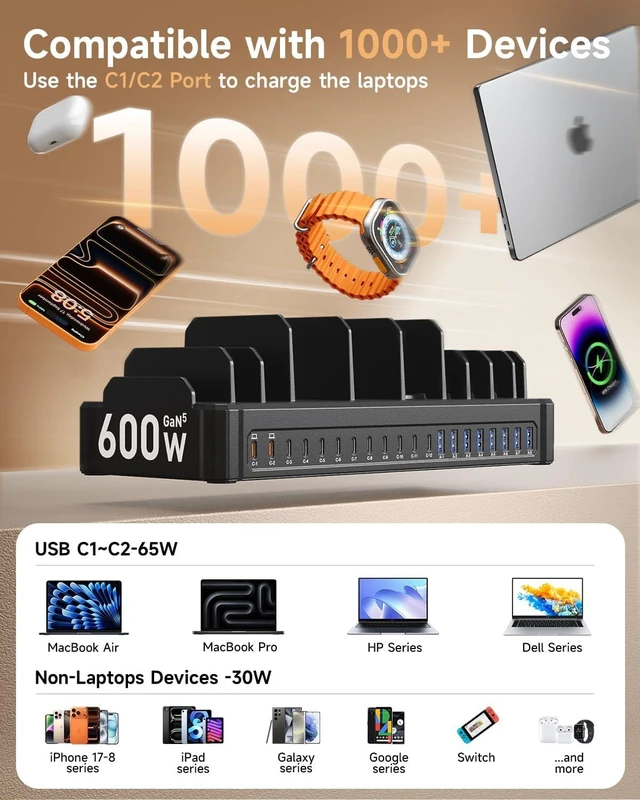 Alt view image 4 of 6 - 20-Port 600W Charging Station for Multiple Devices with 10 Cables