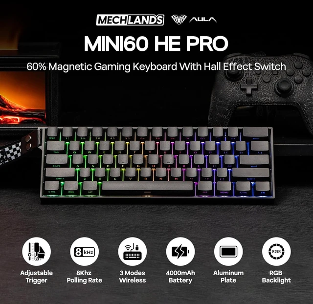 Alt view image 2 of 7 - Aula Mini60 HE PRO Wireless Hall Effect Gaming Keyboard, 4000mAh