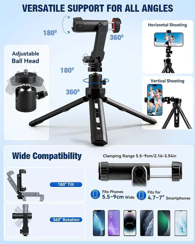 Alt view image 3 of 7 - Vlogging Kit for iPhone/Android, TikTok YouTube Starter Kit for Video Recording with Magnetic Wireless Microphone, Full Size Camera Tripod, Table Tripod, RGB Fill Light, Content Creator Essentials