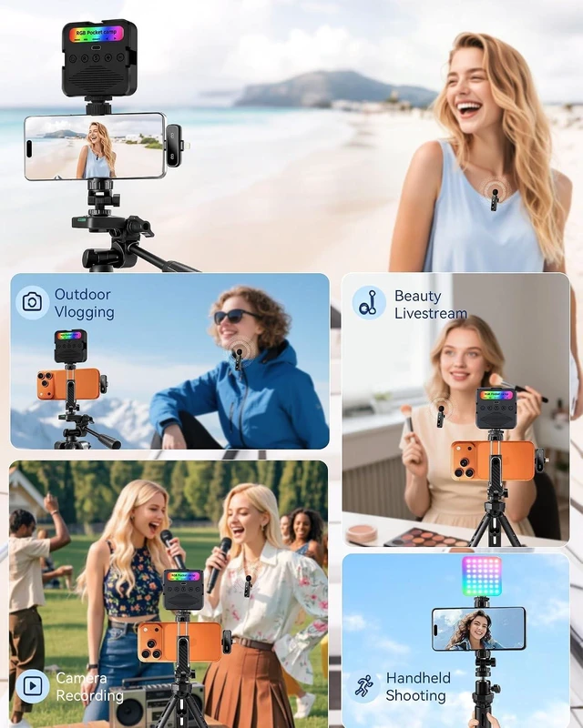 Alt view image 7 of 7 - Vlogging Kit for iPhone/Android, TikTok YouTube Starter Kit for Video Recording with Magnetic Wireless Microphone, Full Size Camera Tripod, Table Tripod, RGB Fill Light, Content Creator Essentials