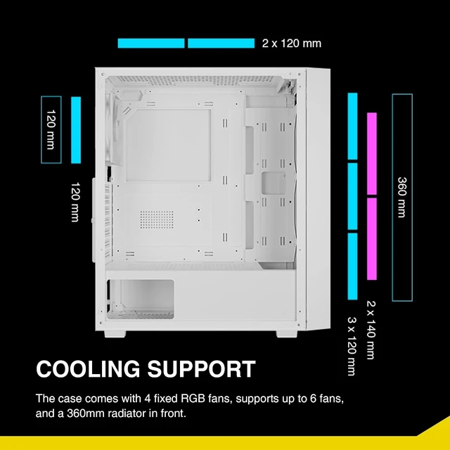 Alt view image 2 of 7 - White ATX Mid Tower Gaming Computer PC Case with Side Tempered Glass, Preinstalled 4X 120mm ARGB Fans, Support Up to 6X 120mm Fans, 360mm AIO/Radiator, 340mm GPU/VGA, 160mm CPU Air Cooler