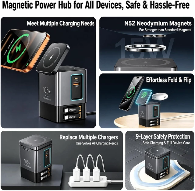 Alt view image 5 of 7 - 105W Retractable Charging Station, 6-in-1 GaN Charger with Dual 65W Cables