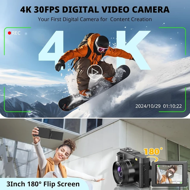 Alt view image 2 of 7 - 4K Digital Camera for Photography Autofocus, 2026 Latest 48MP Vlogging Camera for YouTube with SD Card, 2 Batteries, 3" 180°Flip Screen Compact Travel Camera for Teens with 16X Zoom,Black