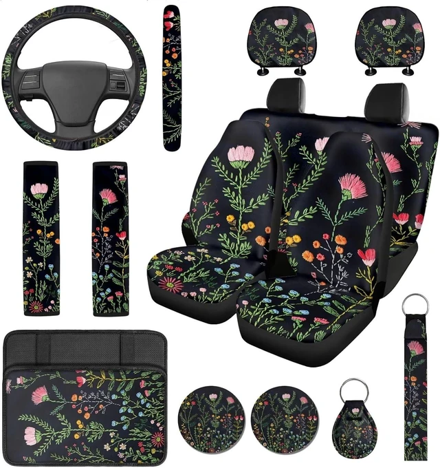 Main image of 14 Pcs Wildflower Car Seat Covers Full Set with Steering Wheel Cover, Armrest Cushion Head Rest Protector Seat Belt Covers, Floral Automotive Interior Sets Universal Fit Cars SUV Trucks