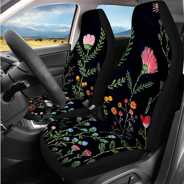 Alt view image 2 of 5 - 14 Pcs Wildflower Car Seat Covers Full Set with Steering Wheel Cover, Armrest Cushion Head Rest Protector Seat Belt Covers, Floral Automotive Interior Sets Universal Fit Cars SUV Trucks