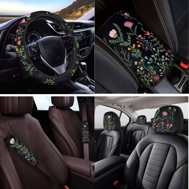 Alt view image 4 of 5 - 14 Pcs Wildflower Car Seat Covers Full Set with Steering Wheel Cover, Armrest Cushion Head Rest Protector Seat Belt Covers, Floral Automotive Interior Sets Universal Fit Cars SUV Trucks