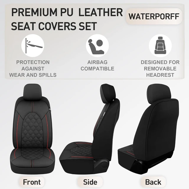 Alt view image 3 of 7 - Luxury PU Leather Car Seat Covers Full Set-Waterproof Seat Protectors with Split Bench Seat Covers for Cars-Universal Cars Interior Covers for Sedans, SUVs, Pick-up Trucks (Black/Red Line)