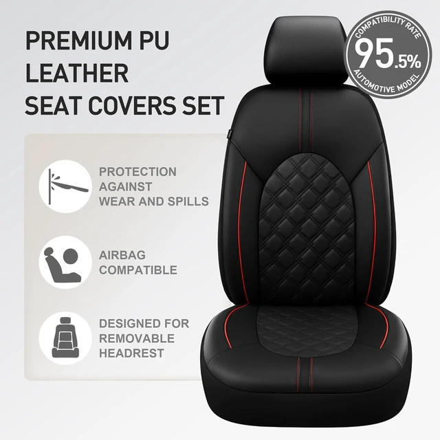 Alt view image 5 of 7 - Luxury PU Leather Car Seat Covers Full Set-Waterproof Seat Protectors with Split Bench Seat Covers for Cars-Universal Cars Interior Covers for Sedans, SUVs, Pick-up Trucks (Black/Red Line)