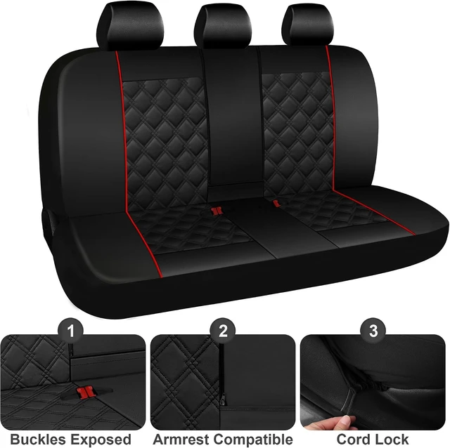 Alt view image 6 of 7 - Luxury PU Leather Car Seat Covers Full Set-Waterproof Seat Protectors with Split Bench Seat Covers for Cars-Universal Cars Interior Covers for Sedans, SUVs, Pick-up Trucks (Black/Red Line)