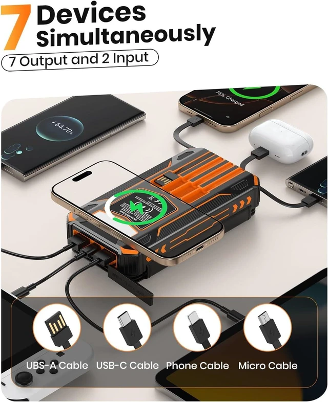 Alt view image 2 of 7 - Solar Power Bank 48000mAh Wireless Portable Charger with 4 Cables