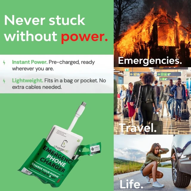 Alt view image 3 of 7 - Emergency Portable USB-C Charger Pre-Charged 3000mAh, Slim & Light, Up to 2-Year Shelf, Compatible w/iPhone 15/16/17 & Android USB-C Devices (10 Pack)
