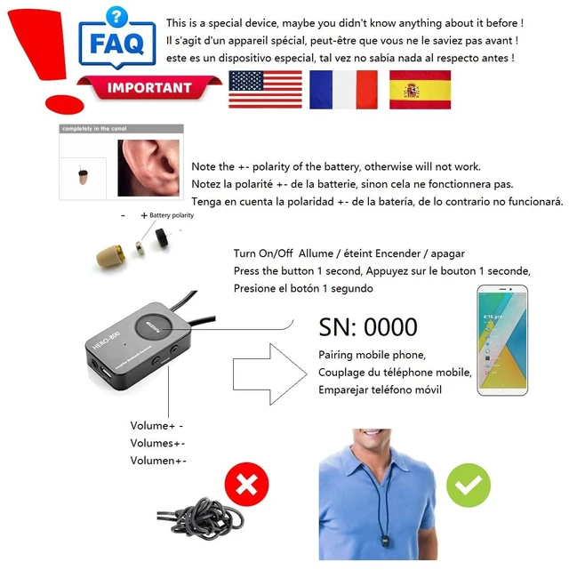Main image of Loud Sound 45-100dB 35 inch Amplifier Bluetooth Neckloop Aids T-coil with CIC Spy Earpiece