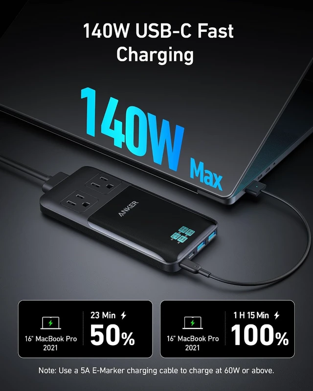 Alt view image 3 of 6 - Prime Charging Station, 140W 6-in-1 Travel Power Strip, 2 USB C