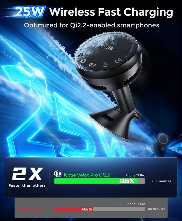 Alt view image 2 of 6 - Velox Pro Qi2.2 25W Fast Charging Magnetic Wireless Car Charger, Dash & Windshield Mount, Built-in Fan Cooling, for iPhone 12/13/14/15/16/17/18 Pro, USB-C Cable & 45W Car Charger Included