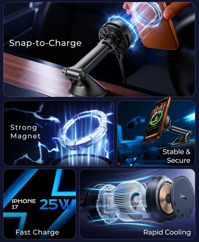 Alt view image 6 of 6 - Velox Pro Qi2.2 25W Fast Charging Magnetic Wireless Car Charger, Dash & Windshield Mount, Built-in Fan Cooling, for iPhone 12/13/14/15/16/17/18 Pro, USB-C Cable & 45W Car Charger Included