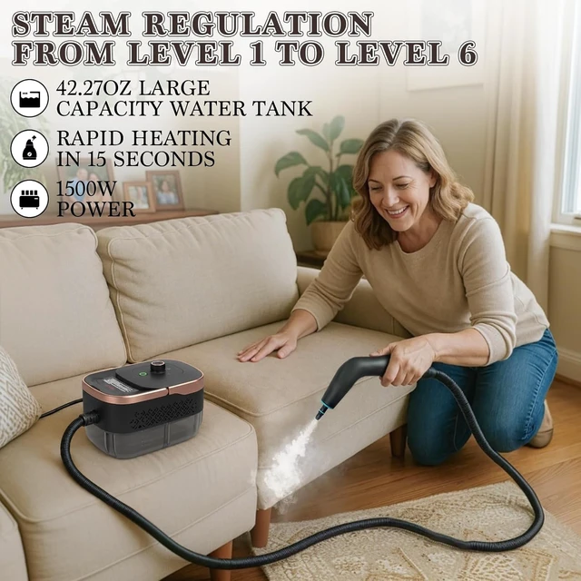 Alt view image 2 of 6 - Steam Cleaner, Handheld Steam Cleaner for Home 15s Heat-Up 1250 ML Tank, 3 Level Adjustable, Portable Steamer for Cleaning, Grease, bathrooms,Grout, Tile, Bed Bugs, Floor, Couch, Car Detailing