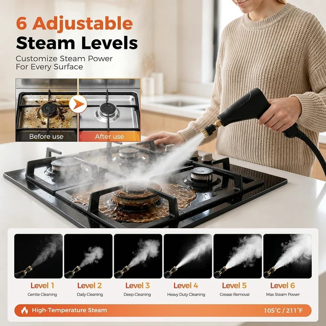 Alt view image 3 of 7 - Steam Cleaner, Handheld Steam Cleaner for Cleaning, Portable Steam Cleaner with 6-Level Adjustable & Quick Heat-Up, Steam Cleaner for Home, Kitchen, Bathroom, Tile, Grout, Dirt, Car Detailing (Red)