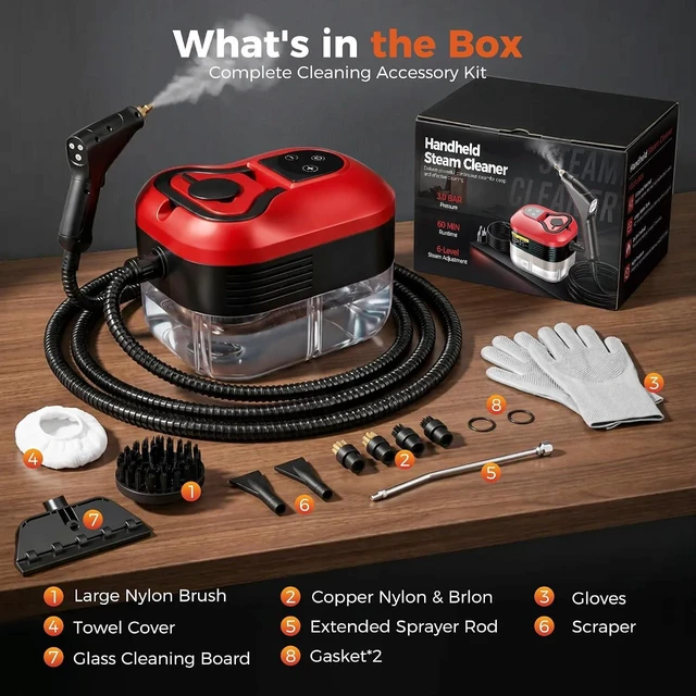 Alt view image 7 of 7 - Steam Cleaner, Handheld Steam Cleaner for Cleaning, Portable Steam Cleaner with 6-Level Adjustable & Quick Heat-Up, Steam Cleaner for Home, Kitchen, Bathroom, Tile, Grout, Dirt, Car Detailing (Red)