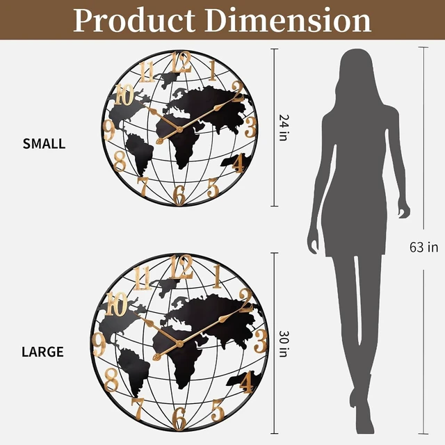 Alt view image 2 of 6 - Large World Map Wall Clock Metal Minimalist Modern Round Silent Wall Decor