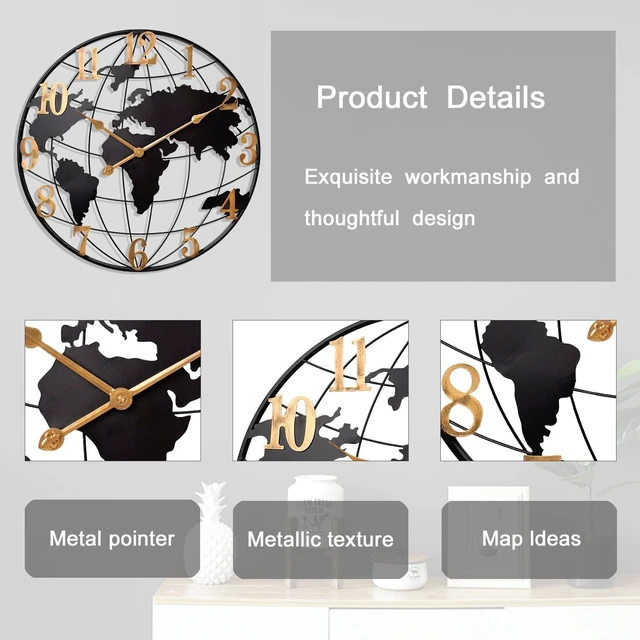 Alt view image 3 of 6 - Large World Map Wall Clock Metal Minimalist Modern Round Silent Wall Decor