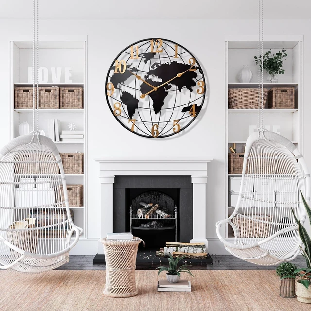 Alt view image 5 of 6 - Large World Map Wall Clock Metal Minimalist Modern Round Silent Wall Decor