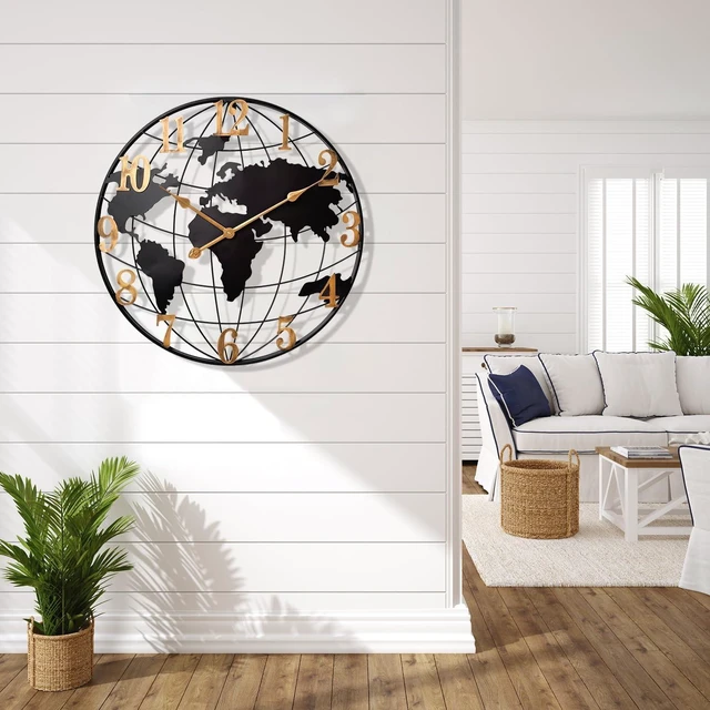 Alt view image 6 of 6 - Large World Map Wall Clock Metal Minimalist Modern Round Silent Wall Decor